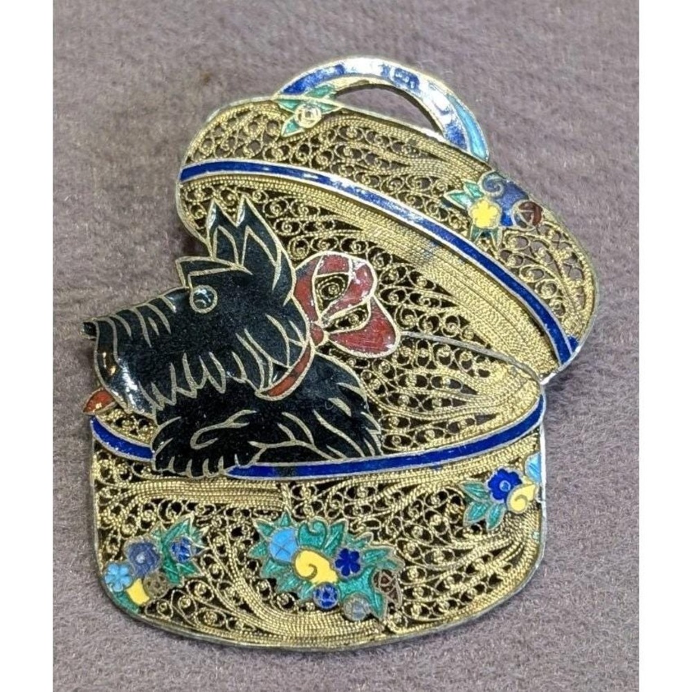 Vintage Topazio Portugal Scottie Dog Purse Brooch Enamel Filigree Gold Tone